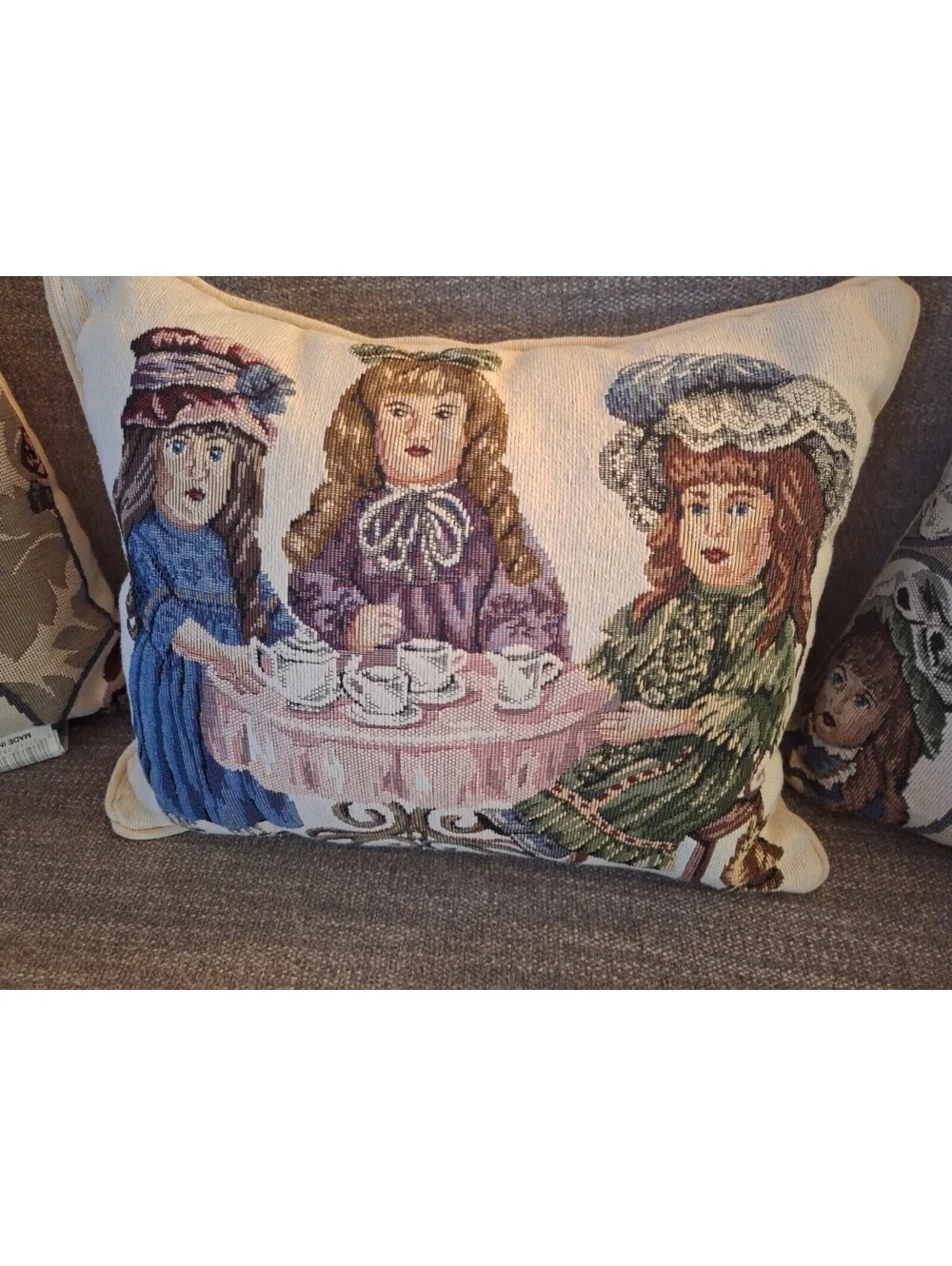 VTG 3pc Set Dakotah Tapestry Throw Pillows Victorian Dolls/Tea Party JCpenny
